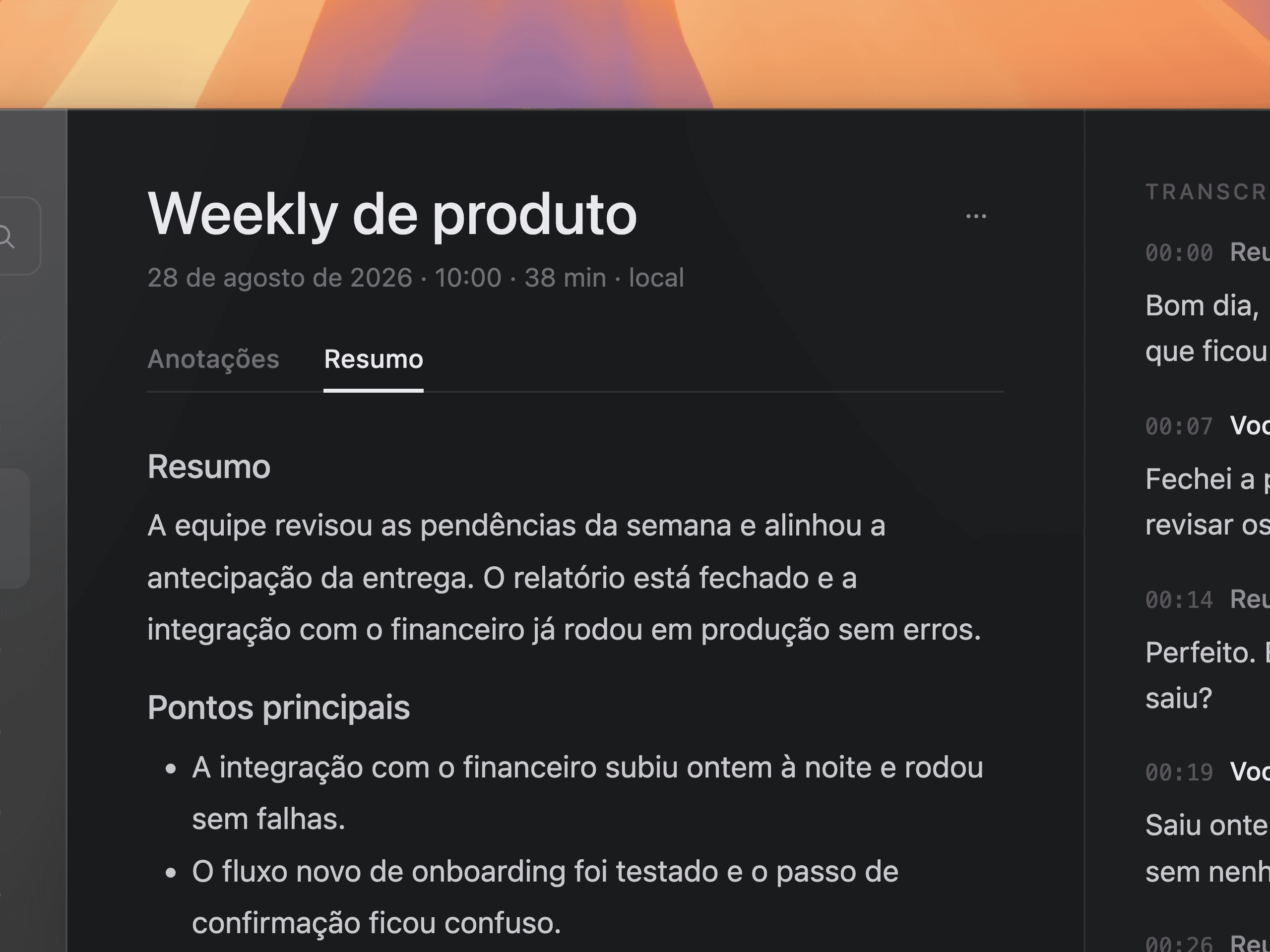 Card de resumo pronto depois da reunião